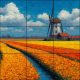 Windmill and tulip fields in Dutch countryside – mosaic-style ceramic tile mural